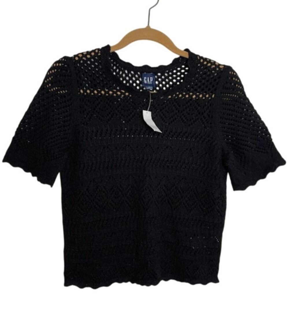 Gap Crochet Top Cropped Black Knit Cottagecore Boho Short Sleeve Blouse New Sm